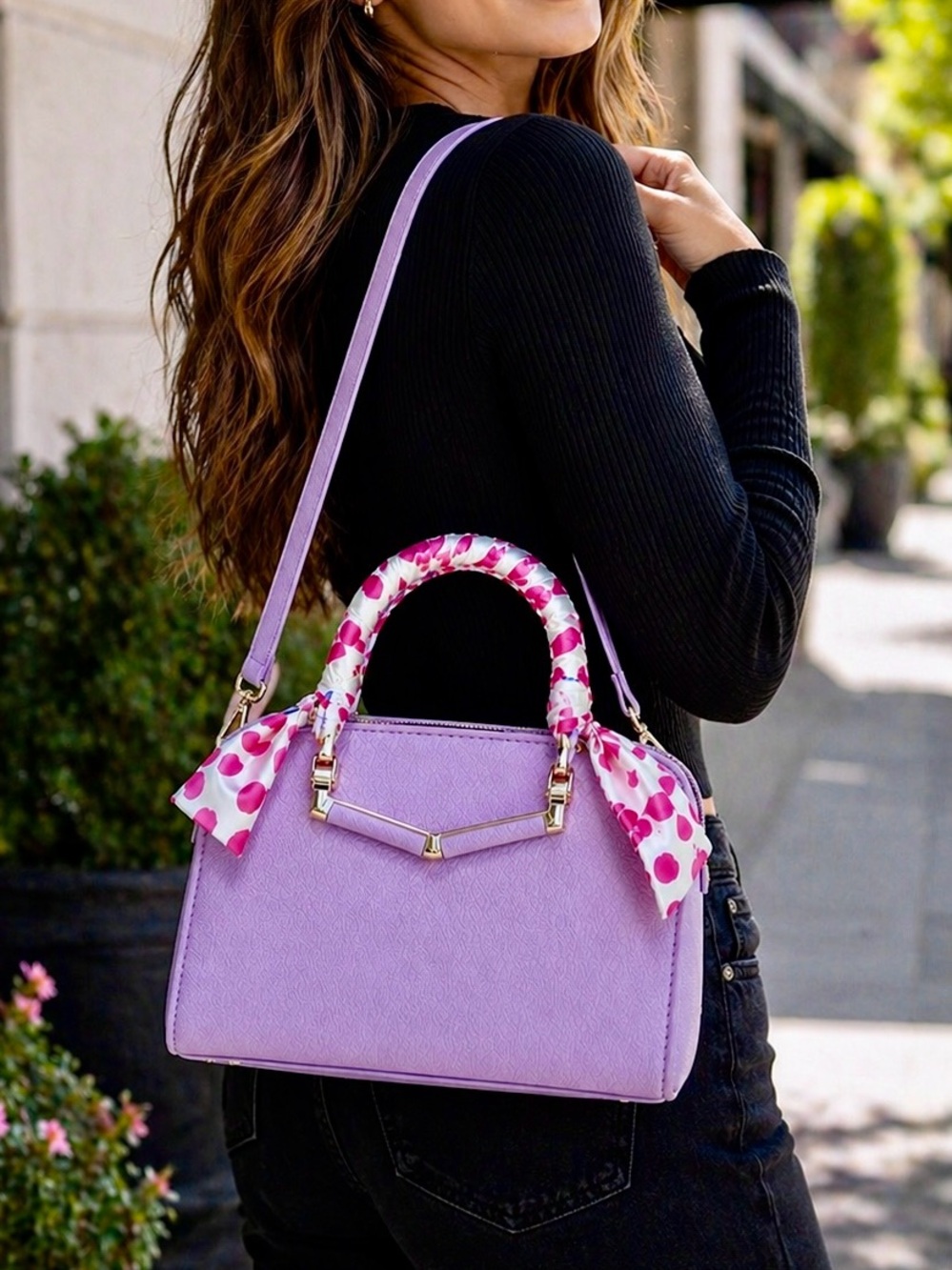Lavender Satchel Bag Top Handle Crossbody Structured Gold Hardware w/ Scarf BNWT - Picture 2 of 4